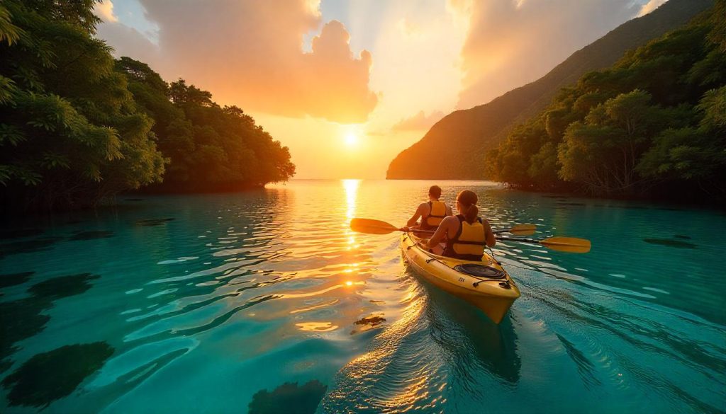 Kayaking near a yacht during untouched island yacht charters in Raja Ampat.